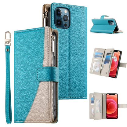 Stitching Multi-card Zipper Wallet Leather Phone Case with Short Strap, For iPhone 13 mini, For iPhone 12 / 12 Pro, For iPhone 12 Pro Max, For iPhone 12 mini