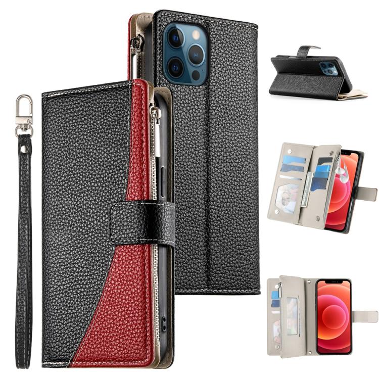 Stitching Multi-card Zipper Wallet Leather Phone Case with Short Strap, For iPhone 13 mini, For iPhone 12 / 12 Pro, For iPhone 12 Pro Max, For iPhone 12 mini