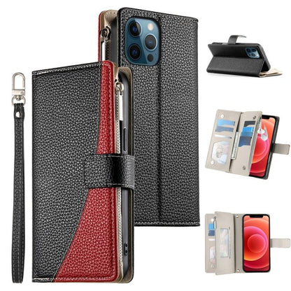 Stitching Multi-card Zipper Wallet Leather Phone Case with Short Strap, For iPhone 13 mini, For iPhone 12 / 12 Pro, For iPhone 12 Pro Max, For iPhone 12 mini