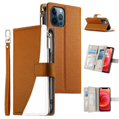 Stitching Multi-card Zipper Wallet Leather Phone Case with Short Strap, For iPhone 13 mini, For iPhone 12 / 12 Pro, For iPhone 12 Pro Max, For iPhone 12 mini