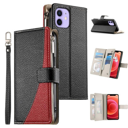 Stitching Multi-card Zipper Wallet Leather Phone Case with Short Strap, For iPhone 13 mini, For iPhone 12 / 12 Pro, For iPhone 12 Pro Max, For iPhone 12 mini