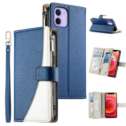 Stitching Multi-card Zipper Wallet Leather Phone Case with Short Strap, For iPhone 13 mini, For iPhone 12 / 12 Pro, For iPhone 12 Pro Max, For iPhone 12 mini