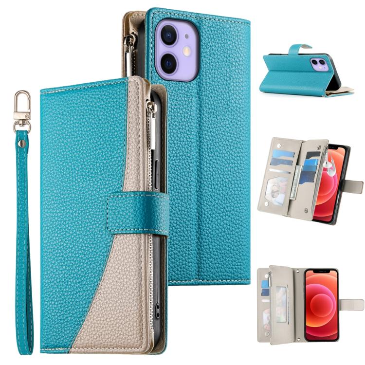 Stitching Multi-card Zipper Wallet Leather Phone Case with Short Strap, For iPhone 13 mini, For iPhone 12 / 12 Pro, For iPhone 12 Pro Max, For iPhone 12 mini