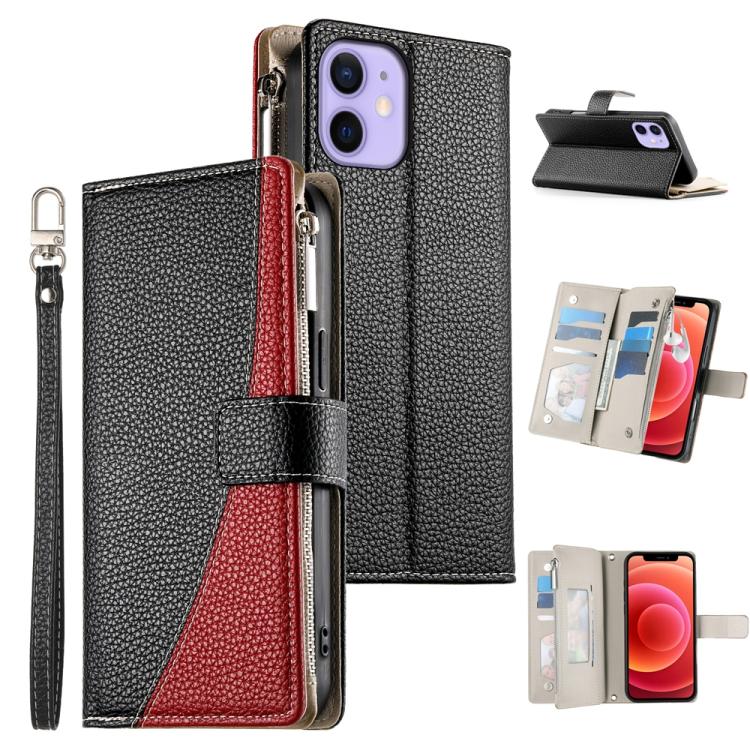 Stitching Multi-card Zipper Wallet Leather Phone Case with Short Strap, For iPhone 13 mini, For iPhone 12 / 12 Pro, For iPhone 12 Pro Max, For iPhone 12 mini