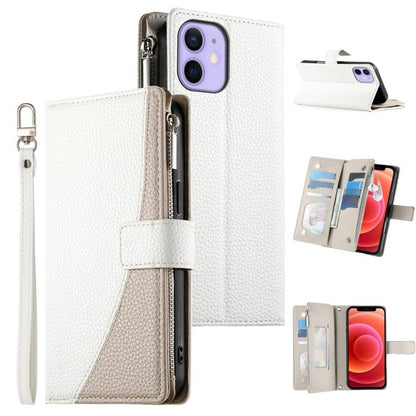 Stitching Multi-card Zipper Wallet Leather Phone Case with Short Strap, For iPhone 13 mini, For iPhone 12 / 12 Pro, For iPhone 12 Pro Max, For iPhone 12 mini