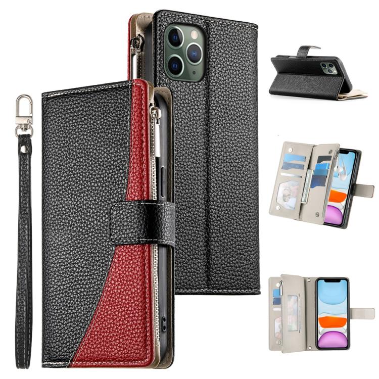 Stitching Multi-card Zipper Wallet Leather Phone Case with Short Strap, For iPhone 11 Pro Max, For iPhone 11, For iPhone 11 Pro, For iPhone X / XS