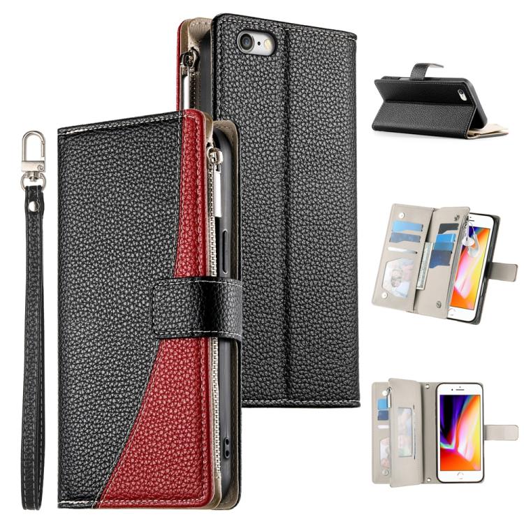 Stitching Multi-card Zipper Wallet Leather Phone Case with Short Strap, For iPhone 14 Pro Max, For iPhone SE 2022 / SE 2020 / 8 / 7, For iPhone 13 Pro Max, For iPhone 13 Pro