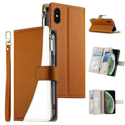 Stitching Multi-card Zipper Wallet Leather Phone Case with Short Strap, For iPhone 11 Pro Max, For iPhone 11, For iPhone 11 Pro, For iPhone X / XS