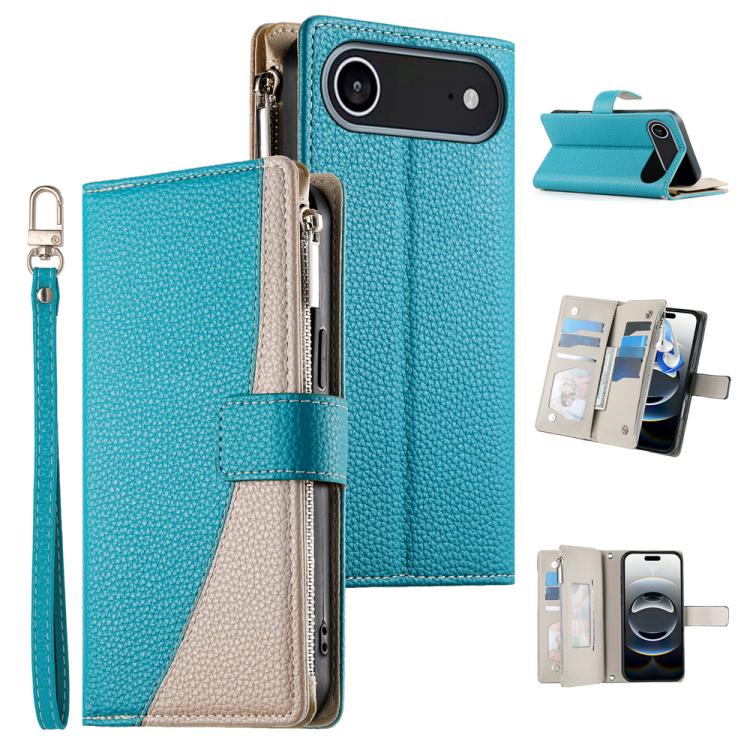 Stitching Multi-card Zipper Wallet Leather Phone Case with Short Strap, For iPhone Air, For iPhone 16 Pro Max, For iPhone 16 Pro, For iPhone 16 Plus