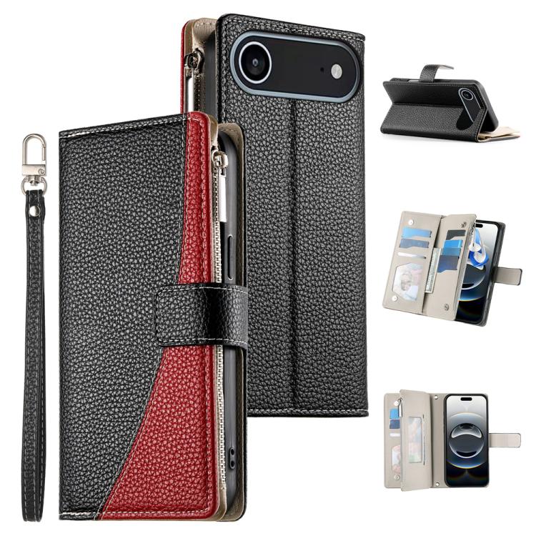 Stitching Multi-card Zipper Wallet Leather Phone Case with Short Strap, For iPhone Air, For iPhone 16 Pro Max, For iPhone 16 Pro, For iPhone 16 Plus