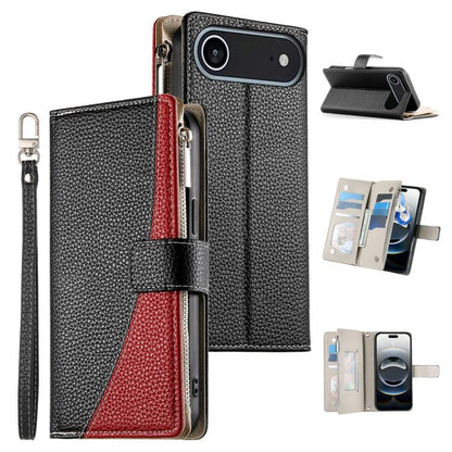 Stitching Multi-card Zipper Wallet Leather Phone Case with Short Strap, For iPhone Air, For iPhone 16 Pro Max, For iPhone 16 Pro, For iPhone 16 Plus