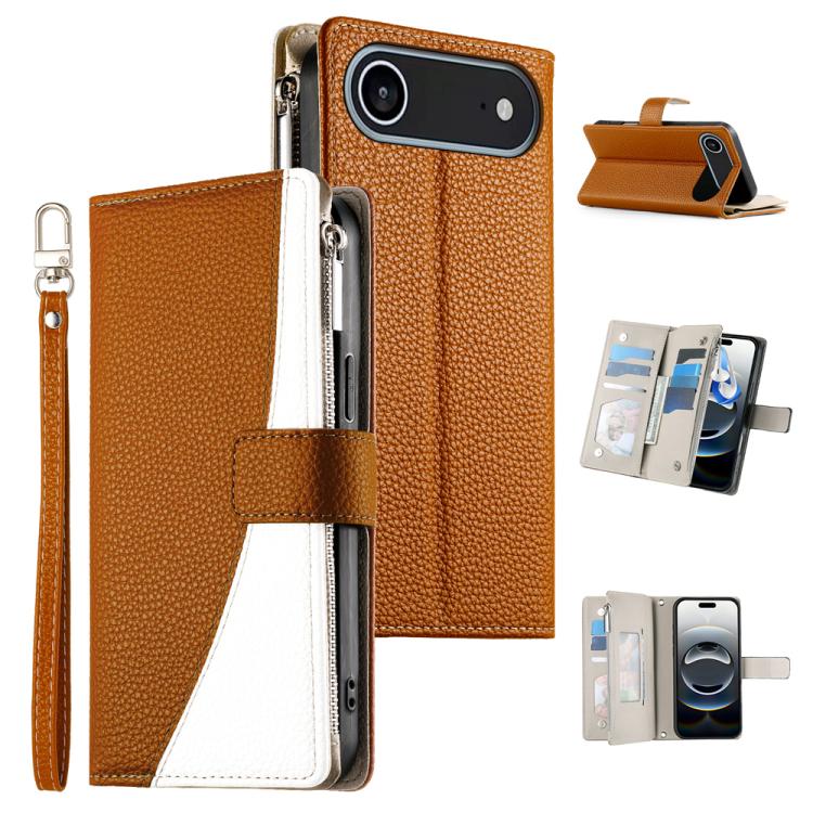 Stitching Multi-card Zipper Wallet Leather Phone Case with Short Strap, For iPhone Air, For iPhone 16 Pro Max, For iPhone 16 Pro, For iPhone 16 Plus