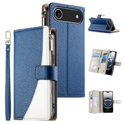 Stitching Multi-card Zipper Wallet Leather Phone Case with Short Strap, For iPhone Air, For iPhone 16 Pro Max, For iPhone 16 Pro, For iPhone 16 Plus