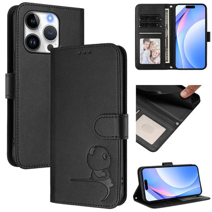 Litter Panda Embossing RFID Leather Phone Case with Lanyard, For iPhone Air, For iPhone 16 Pro Max, For iPhone 16 Pro, For iPhone 16 Plus