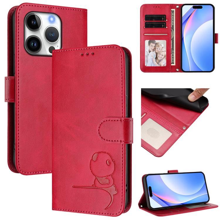 Litter Panda Embossing RFID Leather Phone Case with Lanyard, For iPhone Air, For iPhone 16 Pro Max, For iPhone 16 Pro, For iPhone 16 Plus