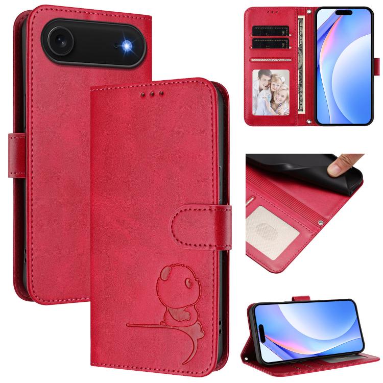 Litter Panda Embossing RFID Leather Phone Case with Lanyard, For iPhone Air, For iPhone 16 Pro Max, For iPhone 16 Pro, For iPhone 16 Plus