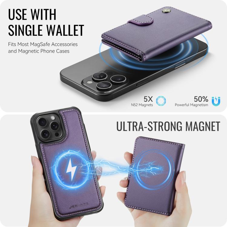 JEEHOOD J09 Buckle Card Bag MagSafe Magnetic Style RFID Leather Phone Case, For iPhone 16 Pro, For iPhone 16 Plus, For iPhone 16, For iPhone 15 Pro Max