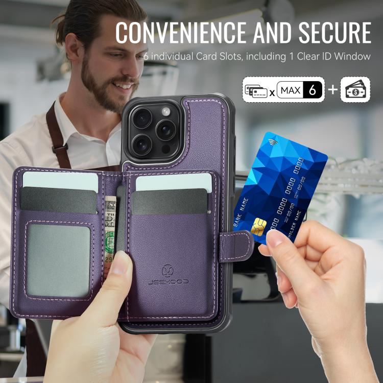 JEEHOOD J09 Buckle Card Bag MagSafe Magnetic Style RFID Leather Phone Case, For iPhone 16 Pro, For iPhone 16 Plus, For iPhone 16, For iPhone 15 Pro Max