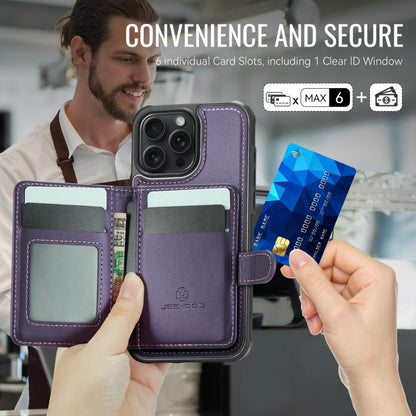 JEEHOOD J09 Buckle Card Bag MagSafe Magnetic Style RFID Leather Phone Case, For iPhone 16 Pro, For iPhone 16 Plus, For iPhone 16, For iPhone 15 Pro Max