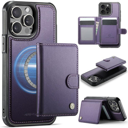 JEEHOOD J09 Buckle Card Bag MagSafe Magnetic Style RFID Leather Phone Case, For iPhone 16 Pro, For iPhone 16 Plus, For iPhone 16, For iPhone 15 Pro Max