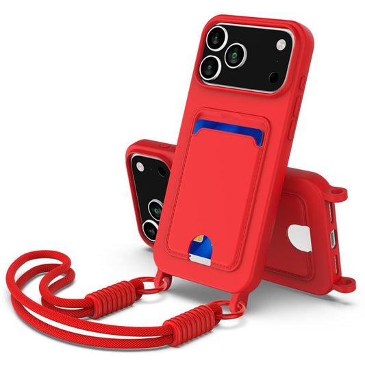 Integrated Card Bag Solid Color Liquid Silicone Phone Case Gen2 with Short Lanyard