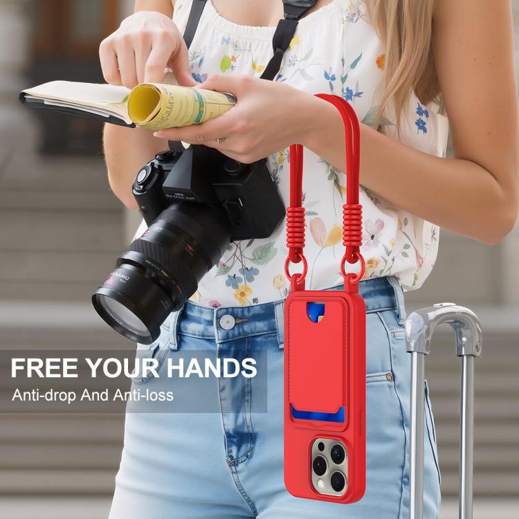 Integrated Card Bag Solid Color Liquid Silicone Phone Case Gen2 with Short Lanyard, For iPhone 12 / 12 Pro, For iPhone 12 Pro Max