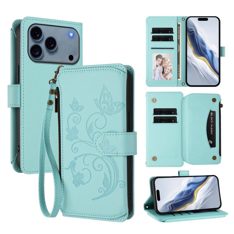 Butterfly Love Flower Multi-card Zipper Wallet Leather Phone Case, For iPhone 18 Pro / 17 Pro, For iPhone 18 Pro Max / 17 Pro Max, For iPhone 17e / 16e
