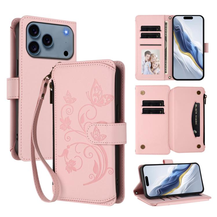 Butterfly Love Flower Multi-card Zipper Wallet Leather Phone Case, For iPhone 18 Pro / 17 Pro, For iPhone 18 Pro Max / 17 Pro Max, For iPhone 17e / 16e