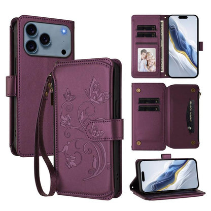 Butterfly Love Flower Multi-card Zipper Wallet Leather Phone Case, For iPhone 18 Pro / 17 Pro, For iPhone 18 Pro Max / 17 Pro Max, For iPhone 17e / 16e