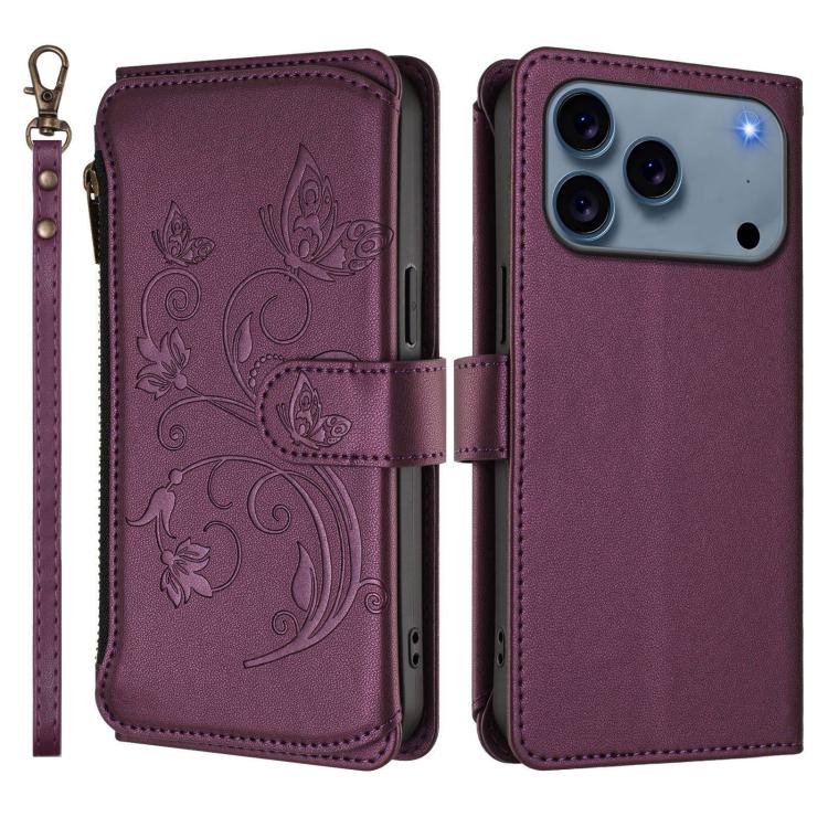 Butterfly Love Flower Multi-card Zipper Wallet Leather Phone Case, For iPhone 18 Pro / 17 Pro, For iPhone 18 Pro Max / 17 Pro Max, For iPhone 17e / 16e