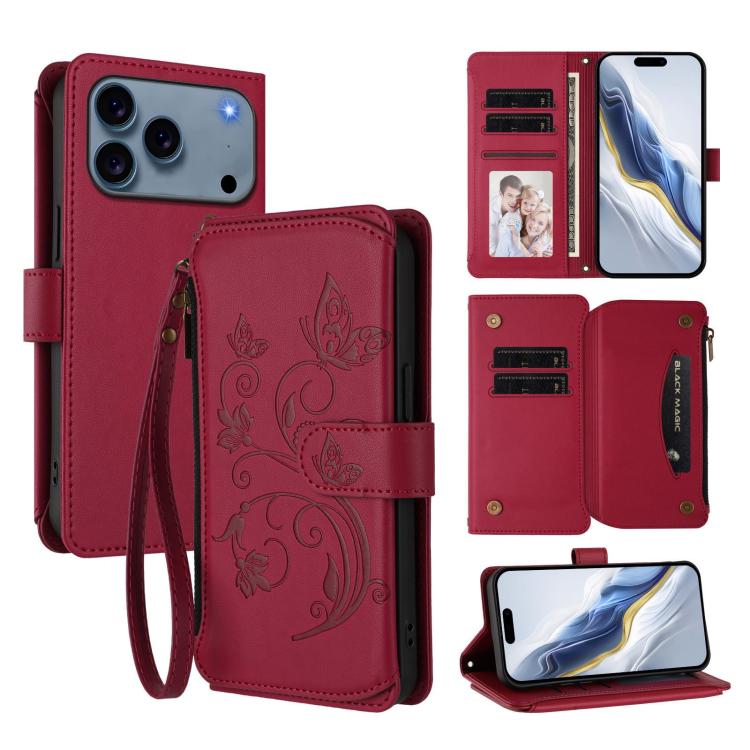 Butterfly Love Flower Multi-card Zipper Wallet Leather Phone Case, For iPhone 18 Pro / 17 Pro, For iPhone 18 Pro Max / 17 Pro Max, For iPhone 17e / 16e