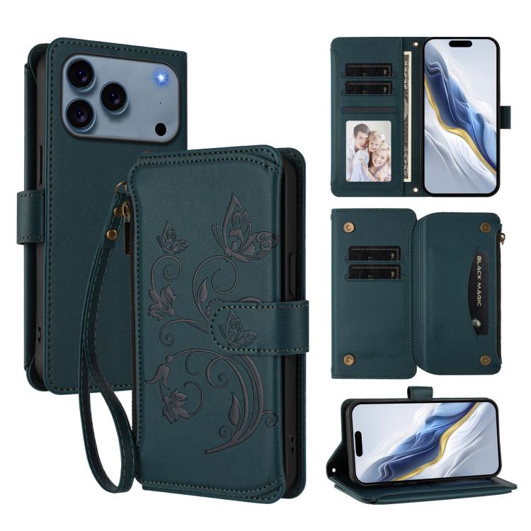 Butterfly Love Flower Multi-card Zipper Wallet Leather Phone Case, For iPhone 18 Pro / 17 Pro, For iPhone 18 Pro Max / 17 Pro Max, For iPhone 17e / 16e