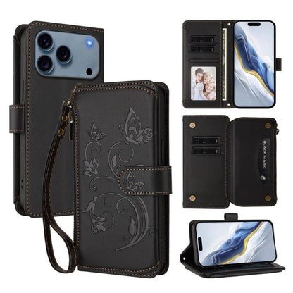 Butterfly Love Flower Multi-card Zipper Wallet Leather Phone Case, For iPhone 18 Pro / 17 Pro, For iPhone 18 Pro Max / 17 Pro Max, For iPhone 17e / 16e