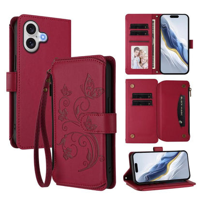 Butterfly Love Flower Multi-card Zipper Wallet Leather Phone Case, For iPhone 17, For iPhone Air, For iPhone 16 Pro Max
