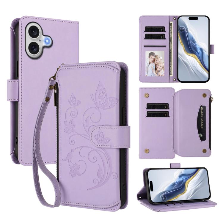 Butterfly Love Flower Multi-card Zipper Wallet Leather Phone Case, For iPhone 17, For iPhone Air, For iPhone 16 Pro Max
