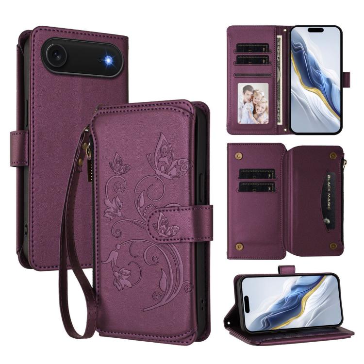 Butterfly Love Flower Multi-card Zipper Wallet Leather Phone Case, For iPhone 17, For iPhone Air, For iPhone 16 Pro Max