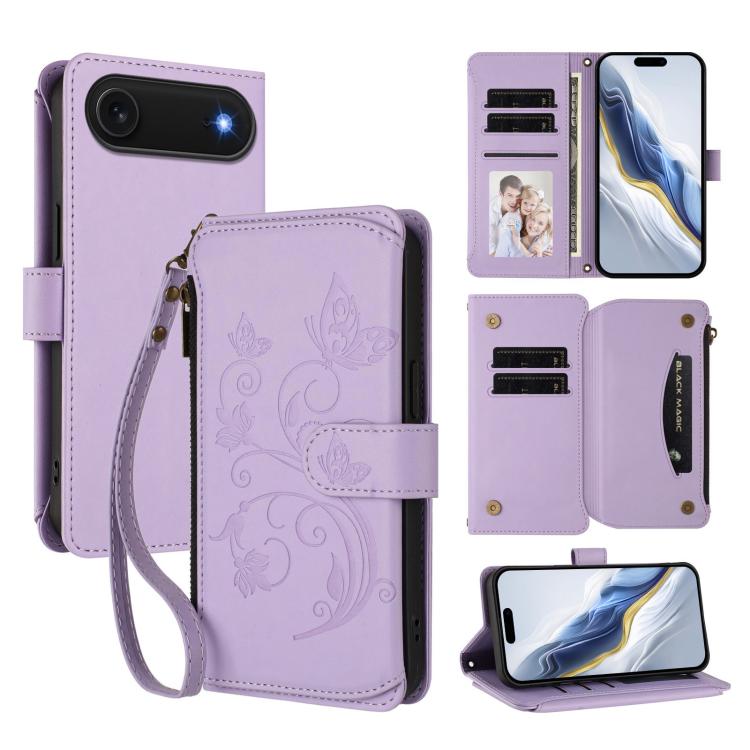 Butterfly Love Flower Multi-card Zipper Wallet Leather Phone Case, For iPhone 17, For iPhone Air, For iPhone 16 Pro Max