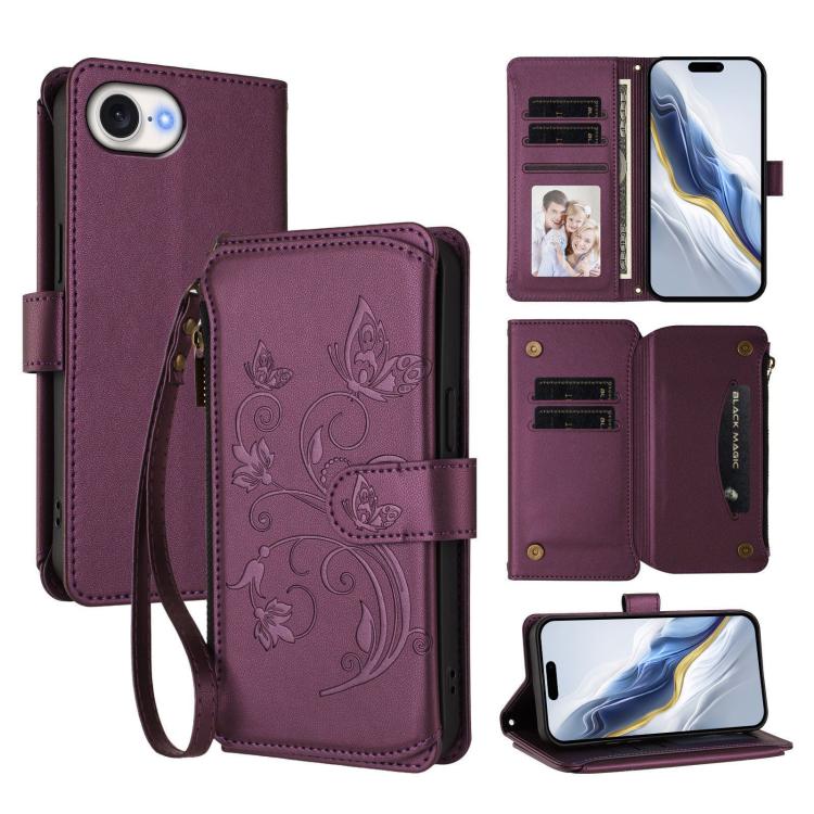 Butterfly Love Flower Multi-card Zipper Wallet Leather Phone Case, For iPhone 18 Pro / 17 Pro, For iPhone 18 Pro Max / 17 Pro Max, For iPhone 17e / 16e