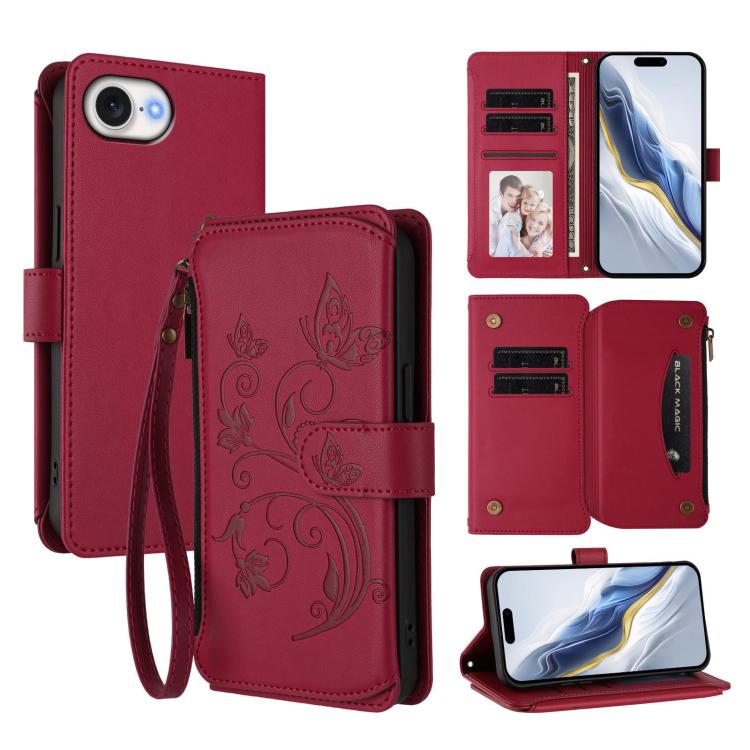 Butterfly Love Flower Multi-card Zipper Wallet Leather Phone Case, For iPhone 18 Pro / 17 Pro, For iPhone 18 Pro Max / 17 Pro Max, For iPhone 17e / 16e