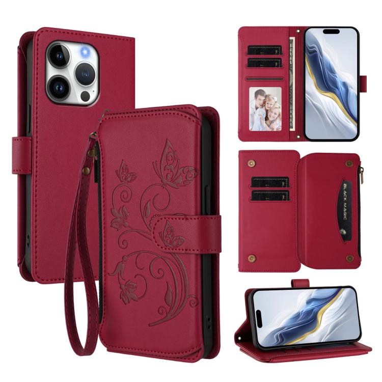 Butterfly Love Flower Multi-card Zipper Wallet Leather Phone Case, For iPhone 17, For iPhone Air, For iPhone 16 Pro Max