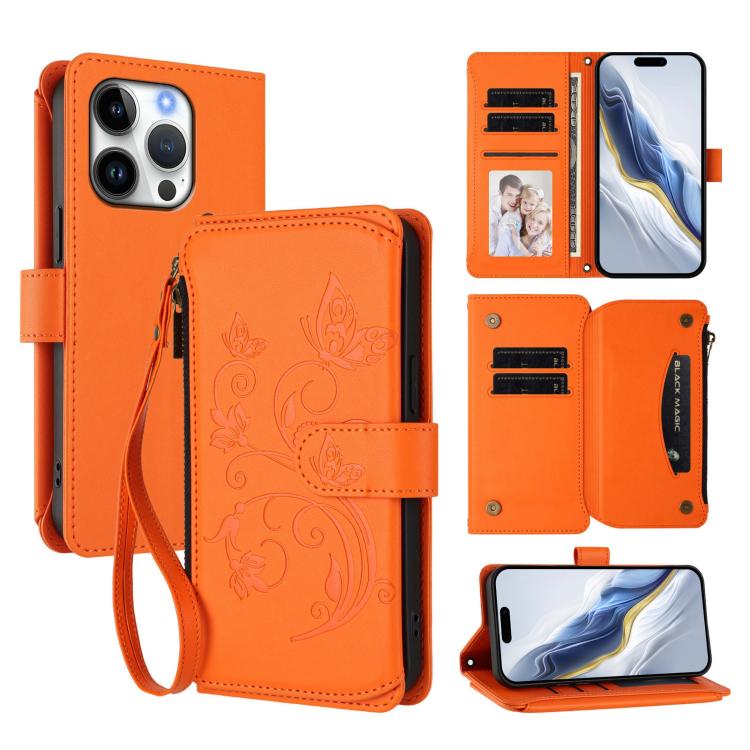Butterfly Love Flower Multi-card Zipper Wallet Leather Phone Case, For iPhone 17, For iPhone Air, For iPhone 16 Pro Max