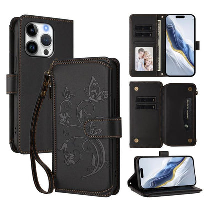 Butterfly Love Flower Multi-card Zipper Wallet Leather Phone Case, For iPhone 17, For iPhone Air, For iPhone 16 Pro Max