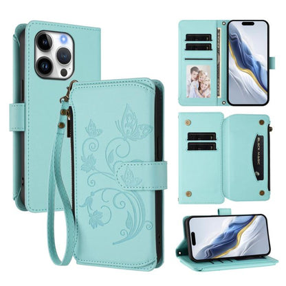 Butterfly Love Flower Multi-card Zipper Wallet Leather Phone Case, For iPhone 17, For iPhone Air, For iPhone 16 Pro Max