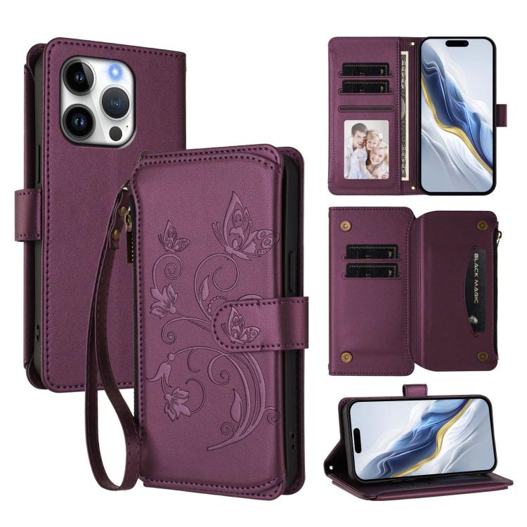 Butterfly Love Flower Multi-card Zipper Wallet Leather Phone Case, For iPhone 16 Pro, For iPhone 16 Plus, For iPhone 16