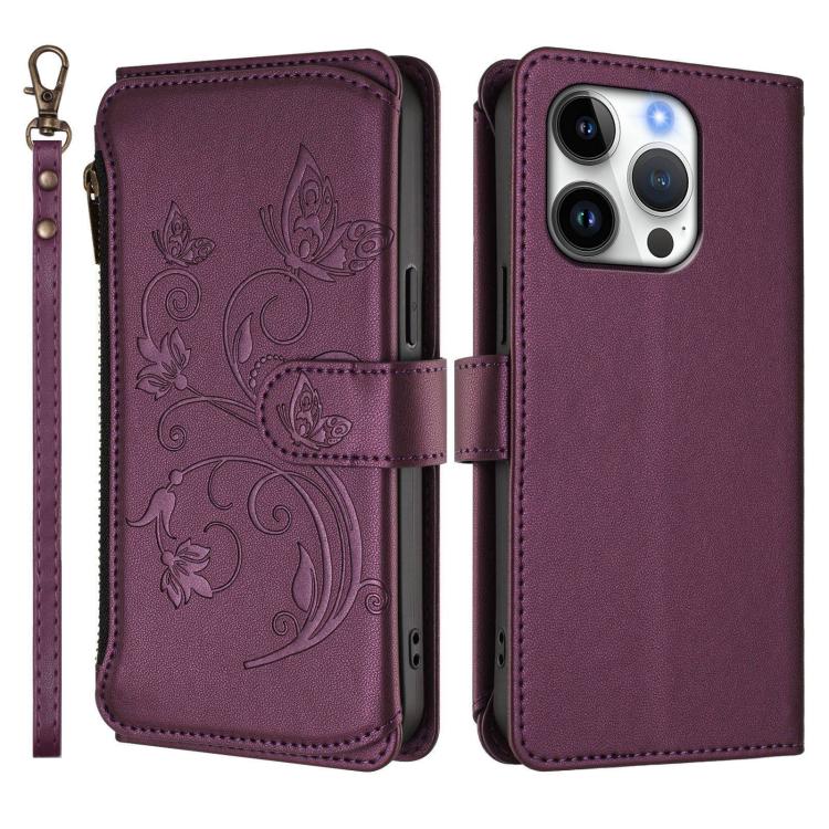 Butterfly Love Flower Multi-card Zipper Wallet Leather Phone Case, For iPhone 16 Pro, For iPhone 16 Plus, For iPhone 16