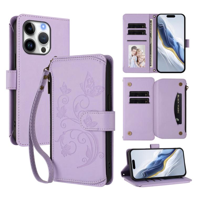 Butterfly Love Flower Multi-card Zipper Wallet Leather Phone Case, For iPhone 16 Pro, For iPhone 16 Plus, For iPhone 16