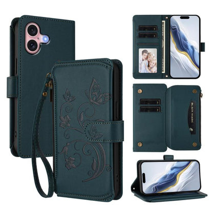 Butterfly Love Flower Multi-card Zipper Wallet Leather Phone Case, For iPhone 16 Pro, For iPhone 16 Plus, For iPhone 16