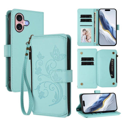 Butterfly Love Flower Multi-card Zipper Wallet Leather Phone Case, For iPhone 16 Pro, For iPhone 16 Plus, For iPhone 16