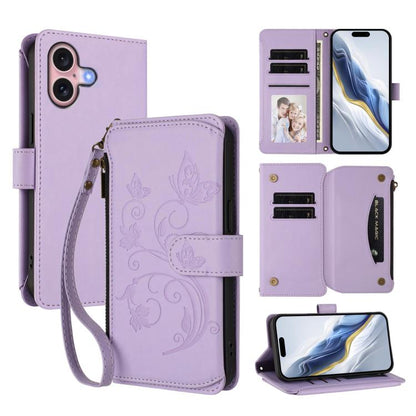 Butterfly Love Flower Multi-card Zipper Wallet Leather Phone Case, For iPhone 16 Pro, For iPhone 16 Plus, For iPhone 16