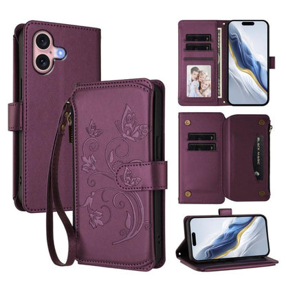 Butterfly Love Flower Multi-card Zipper Wallet Leather Phone Case, For iPhone 16 Pro, For iPhone 16 Plus, For iPhone 16